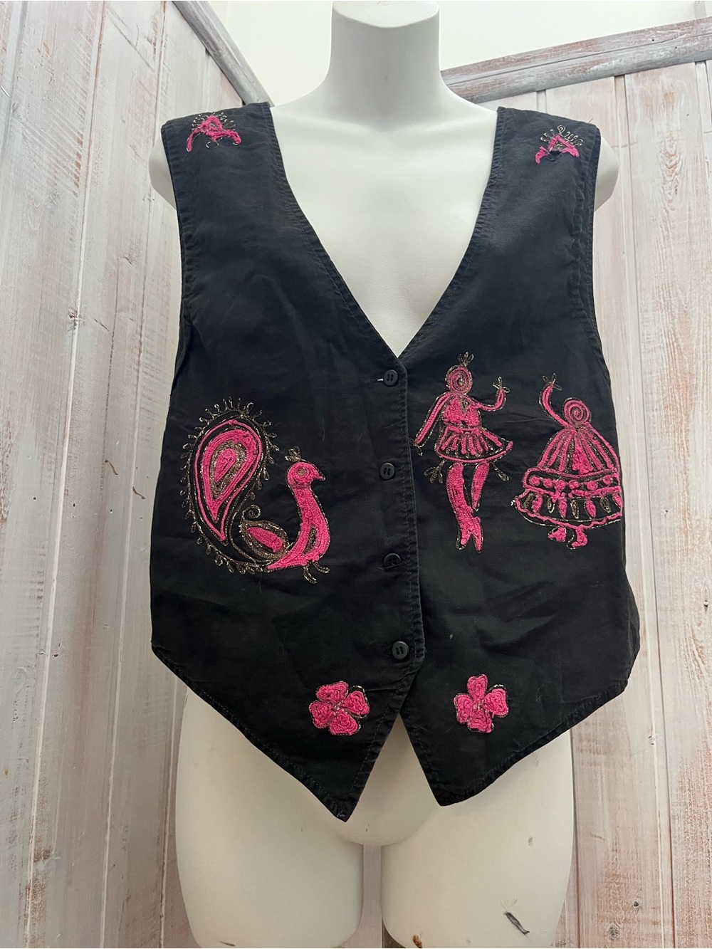 Black Embroidered Button-Front Vest with Pink Motifs
